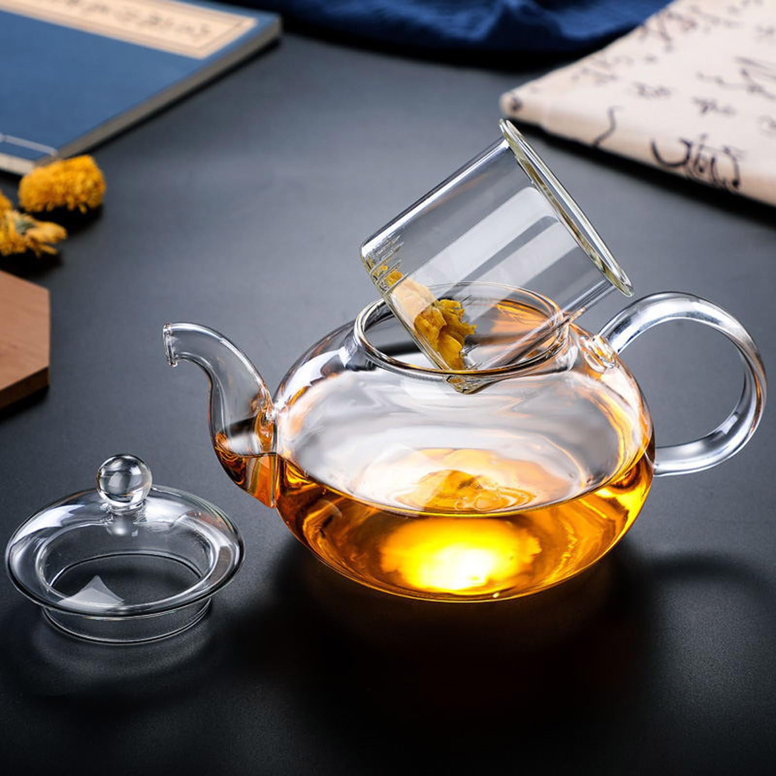 Teiera in vetro, piccola teiera con colino da tè rimovibile, resistente al calore e al microonde, per la preparazione di tè sfuso, 400 ml