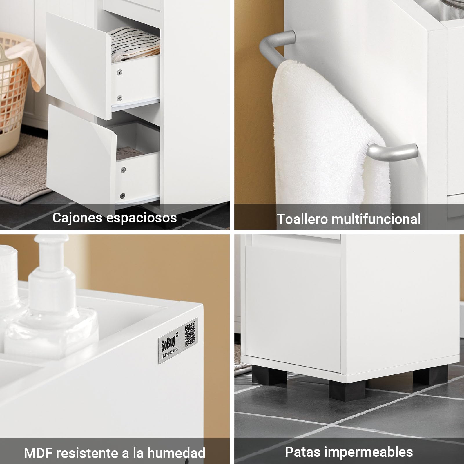 SoBuy Mueble Baño Estrecho– Armario Estrecho con 3 Cajones, 4 Compartimentos, Toallero – Cajonera Baño compacta Adecuada para Espacios reducidos Blanco, 30x90x30 cm, BZR29-W
