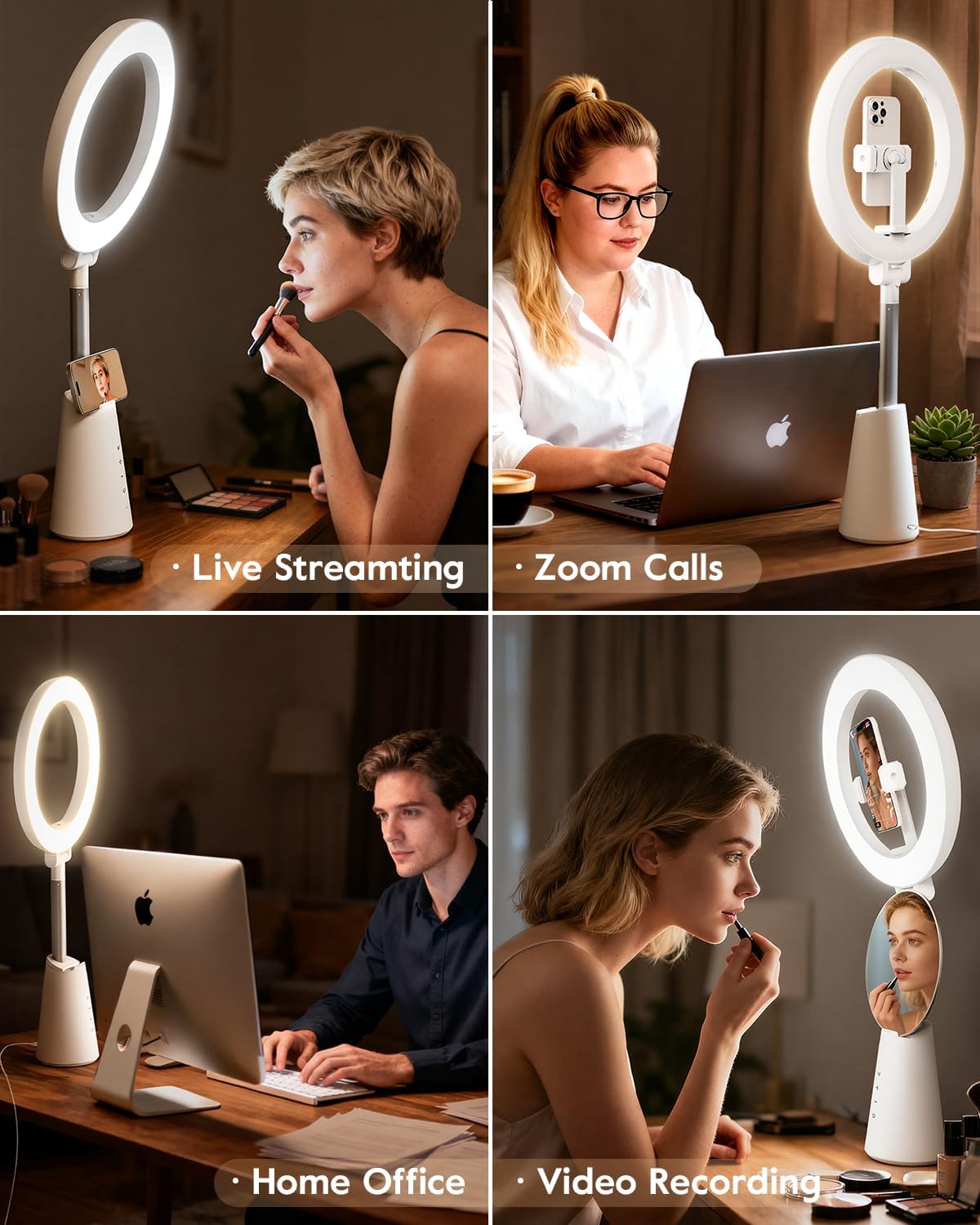 11" True-Color Desk Ring Light with Stand & Dual Phone Holders – CRI 98+ Soft Desk Selfie Light, 224 LEDs, 4 Color Modes, Touch Control for Makeup, Live Streaming, Video Recording, Zoom Calls&TikTok