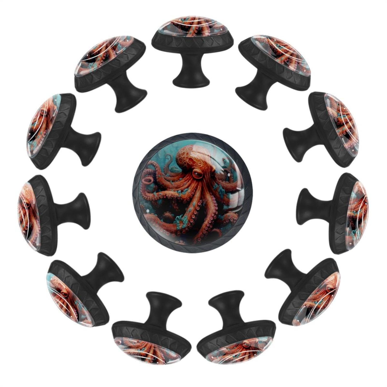 Boutons de tiroir ronds verre transparent motif pieuvre ocean lot de 12