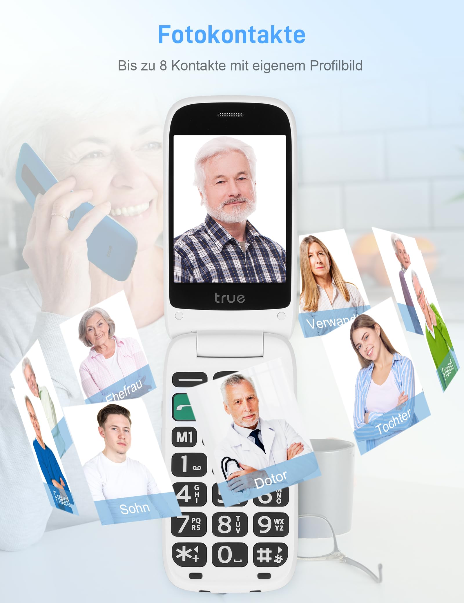 TRUE S70 Seniorenhandy Klapphandy ohne Vertrag, 2G Handy mit großem 2,8 Zoll Farbdisplay, Sturz-Notruf, SOS Notruftaste, extra laut, großen Tasten, Schnellwahl, Schrittzähler, Ladestation, Blau