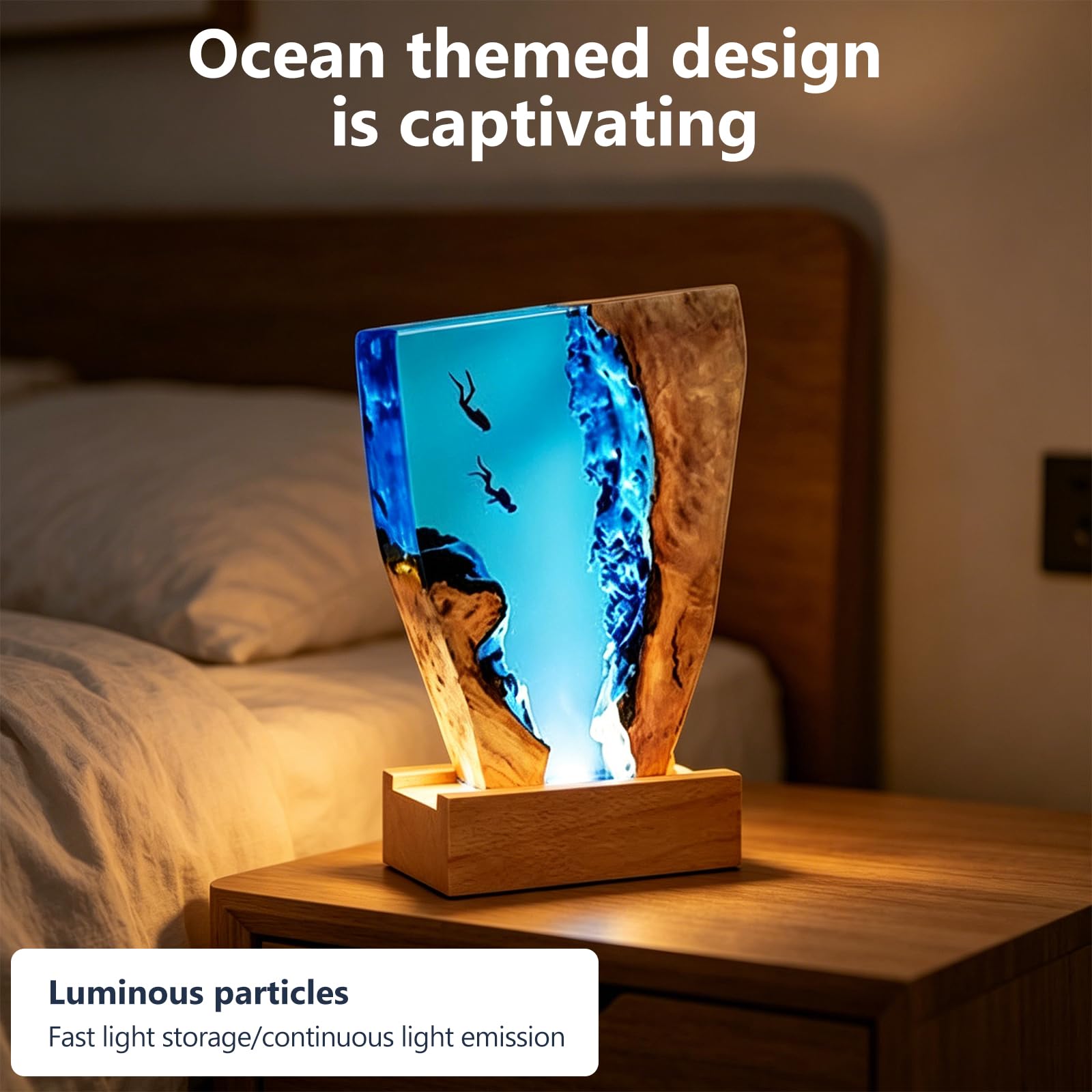 Lampka nocna, statuetka morska, dekoracja, lampa 3D, żywica epoksydowa, ocean, lampka nocna z kablem USB i drewnianą podstawą, do domu, biura, dekoracja na Boże Narodzenie, 18 x 11