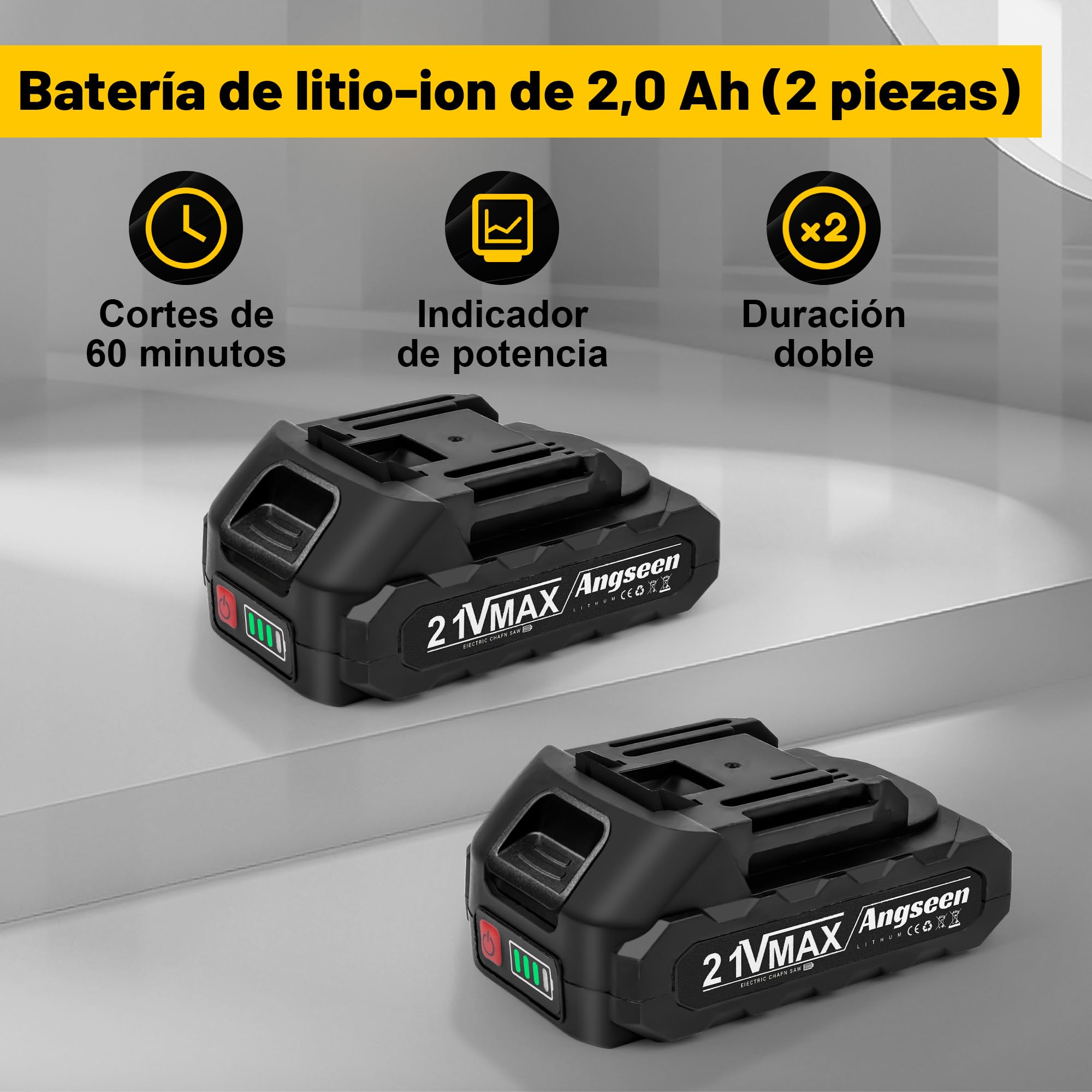 Mini Motosierra Bateria 6 Pulgadas Sin escobillas, Motosierra de Mano de 6 Pulgadas, 2 Baterías de 2Ah y Cargador, 2 Cadenas (amarillo 2000+2000mAh)