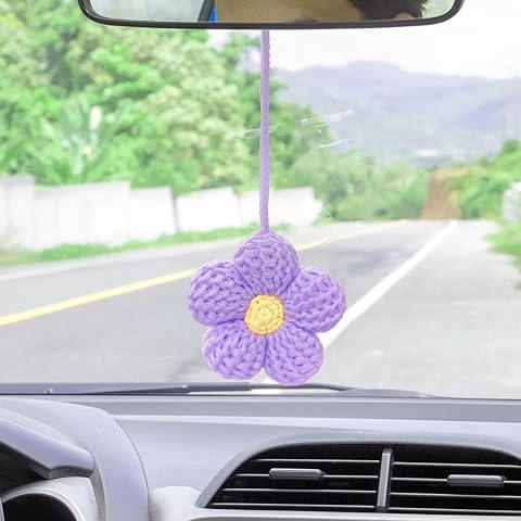 Cute Crochet Purple Afghan Flower Car Ornaments, Beautiful Decorative Rearview Mirr...