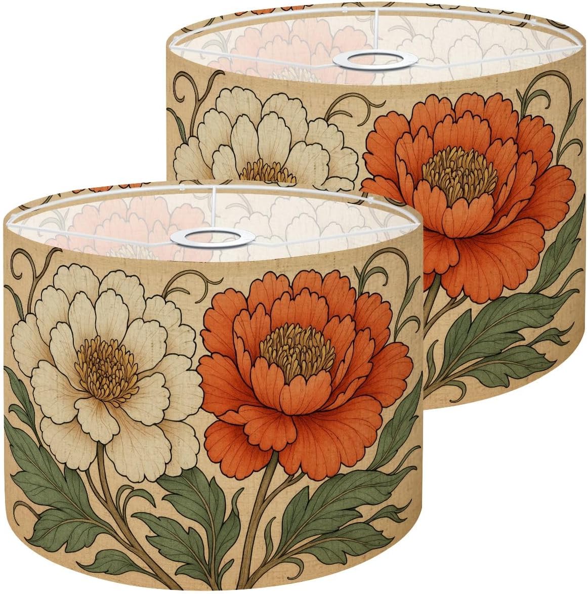 Lampshades Lamp Shades set of 2 Boho Brown Green Orange Peony Floral Vintage Peony Flowers Light Shade for Table Lamps Floor Lamps Drum Lamp Shades Lampshade Replacement