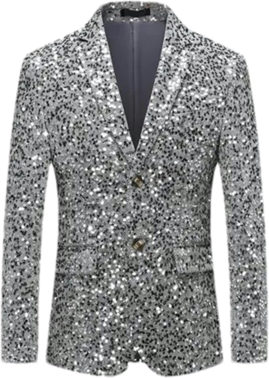 Men's Suit Jacket Single-Breasted V-Neck Slim Dress Coat Wedding Party Outerwear Silver Sequins Men's Suit Jacket