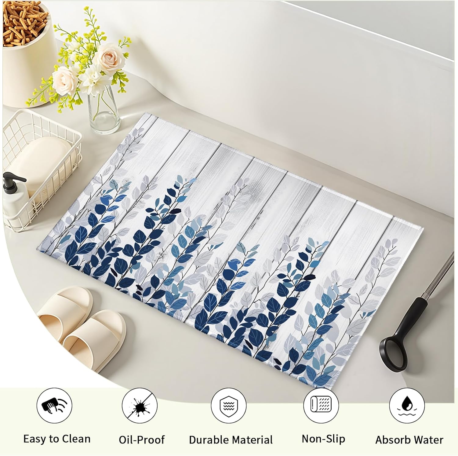 Giwawa Blue Eucalyptus Leaves Bath Rug Rustic Wood Bathtub Mat Absorbent Non Slip Washable Bathroom Rug for Shower Sink Tub Toilet, 20x32 inches