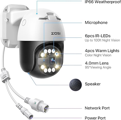 Miniatura 7 de ZOSI Sistema de cámara de seguridad PoE de 8 canales 4K con detección de vehículos AI, 8 cámaras PTZ Bullet PoE de 5MP para exteriores, conversación