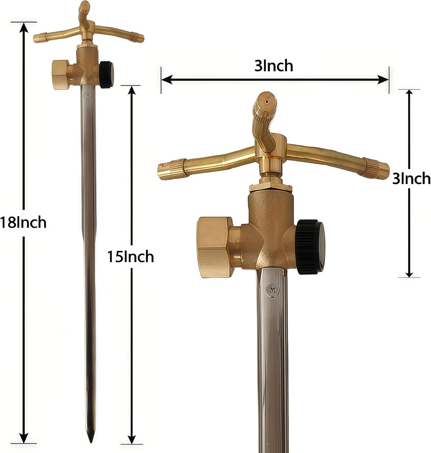 Atlantic 3-Head Solid Brass Sprinkler – Heavy Duty Stainless Steel Spike with 6-Outlet Efficient Irrigation for Lawn, Garden & Farm | Water-Saving Design with Male/Female Hose Connections (2)