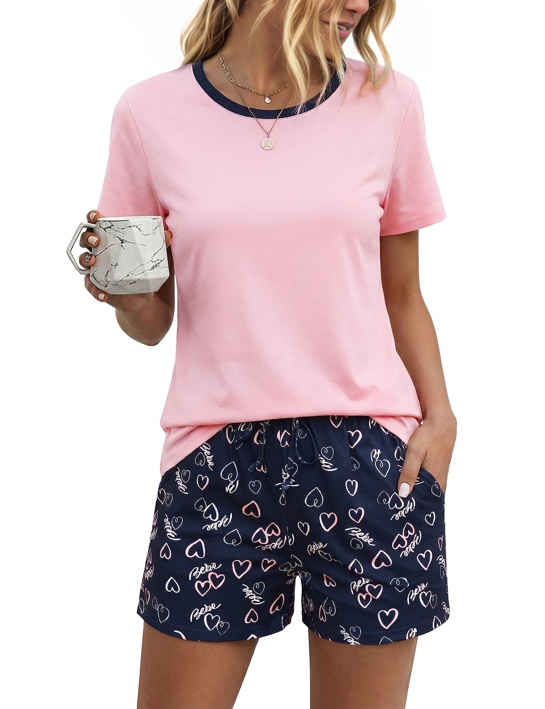 Litherday Schlafanzug Damen kurz Baumwolle Pyjama Set Sommer Zweiteiliger Herzmuster Shorts und Nachtwäsche Rundhals