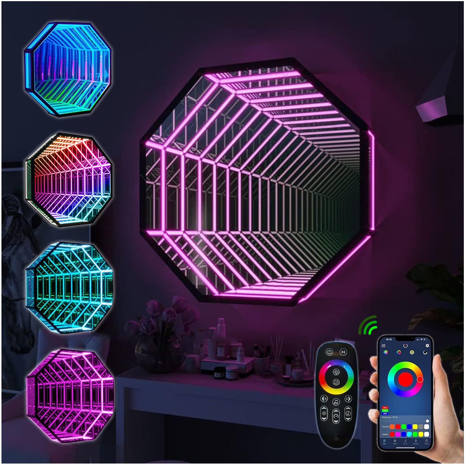 Fablestoryem Infinity Mirror Tunnel Lamp, Changing Light, Single-Sided LED 3D Mirror Night Light, Sensory Infinity Light for Home, Desk, Living Room, Party Decoration,Octagon-11.8"/30cm
