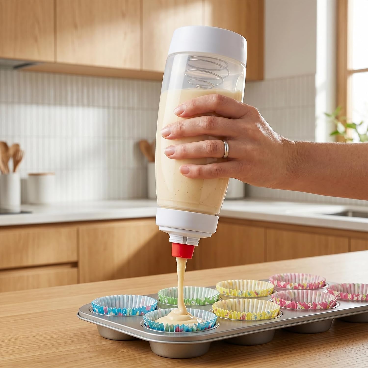 Pancake Batter Dispenser, 2 Pack Pancake Mix Dispenser with Whisk Ball and No-Drip Silicone Tip Squeeze Bottles for Pancakes, Crepes, Waffle, Muffins, Qatayef, Cupcakes