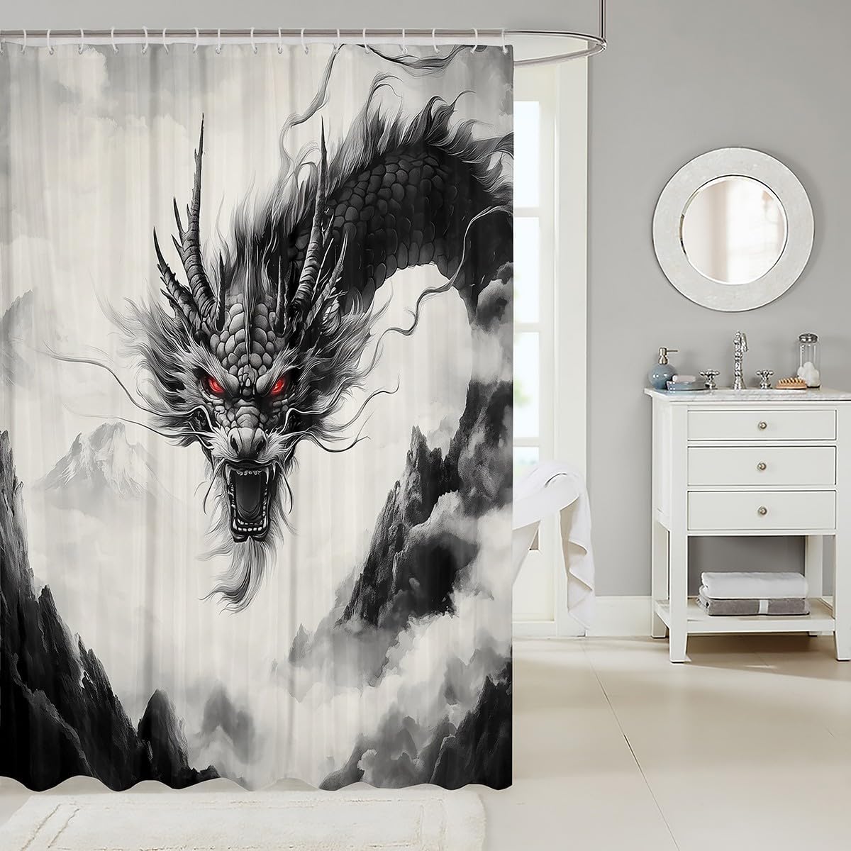 jejeloiu Dragon Shower Curtain 72"x78" Japanese Style Bath Curtain for Boys Girls Teens Retro Oriental Dragon Bathroom Shower Curtain Set Waterproof Mount Fuji Kids Bathroom Accessories