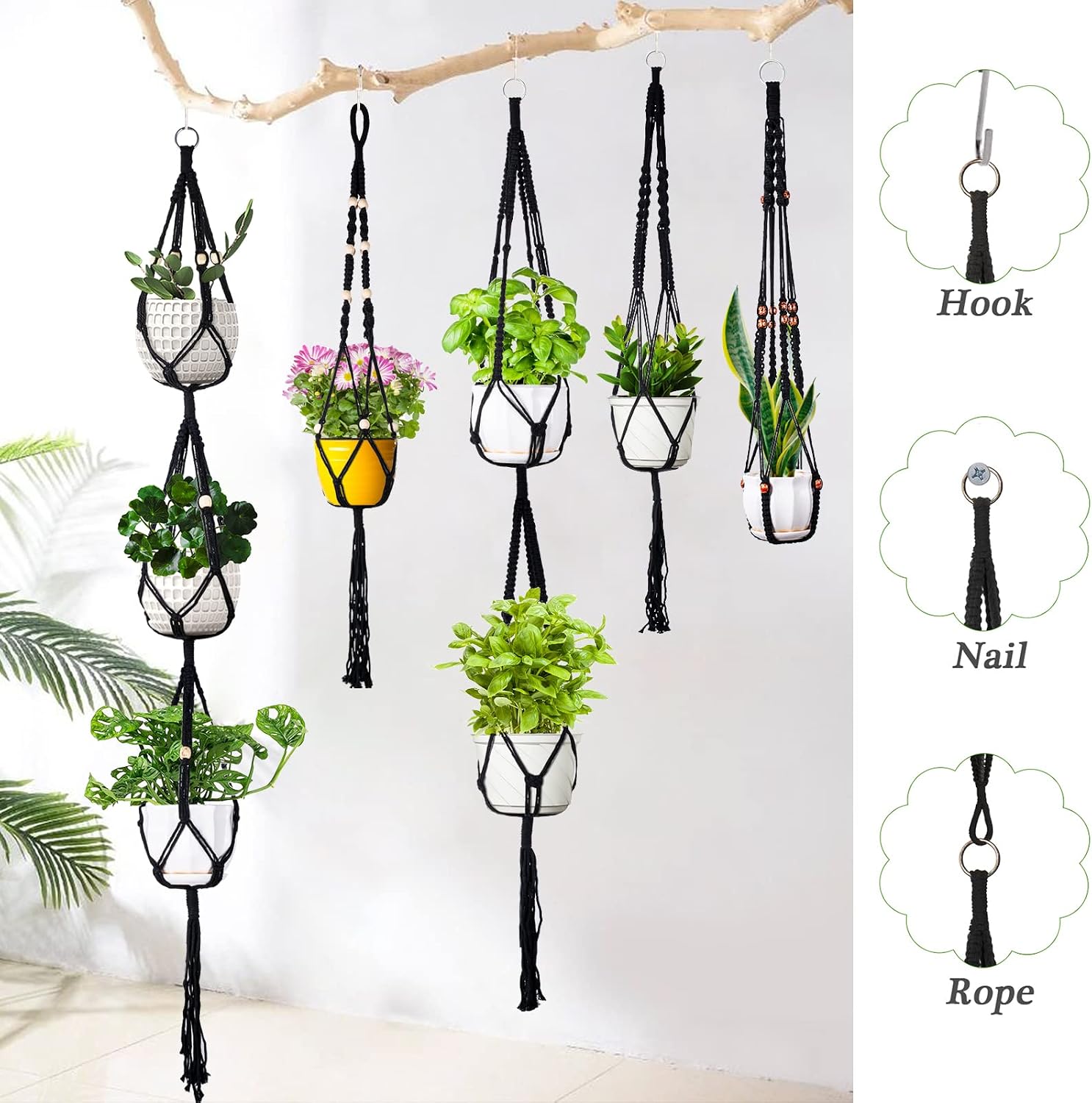 5 Pack Macrame Plant Hanger with 5 Ceiling Hooks Hanging Planter Indoor Outdoor Hanging Plant Holder for Home Decorative Bohemian Plant Hangers