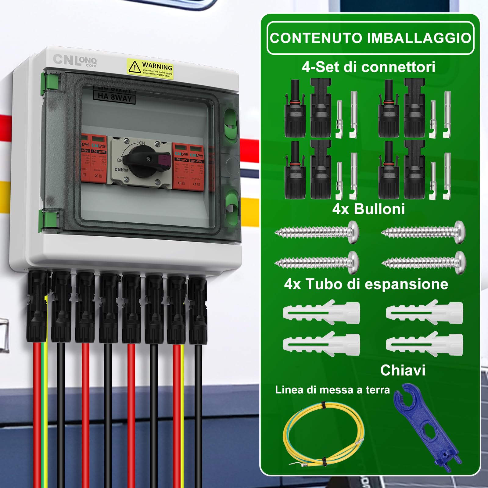 Protezione da Sovratensione Solare PV DC1000V 32A Sezionatore Solare 2 ingressi 2 uscite e Scaricatore di Sovratensione con Scatola di Giunzione Impermeabile IP65 per Pannelli Fotovoltaici