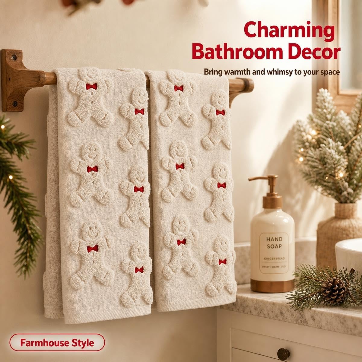 2Pcs Christmas Hand Towels for Bathroom 100% Cotton Brown Gingerbread Jacquard Embroidered Bathroom Bath Towels Kitchen Dish Towels Decor Holiday Winter Gift(Beige Gingerbread)