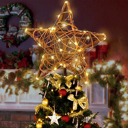 Decoración para árbol de Navidad, 30 luces LED, ratán natural, estrella para árbol de Navidad, decoración de fiesta