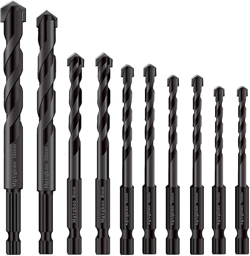 Mgtgbao - Juego de 10 brocas de hormigón negro, punta de carburo para vidrio, ladrillo, azulejo, hormigón, plástico, cerámica y madera con tamaño de