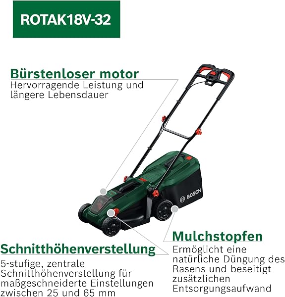 Bosch Akku-Rasenmäher ROTAK18V-32 (Schnittbreite: 32 cm, Schnitthöhe: 25-65 mm, 35 l Stoff-Grasfangkorb, Mulchstopfen, ohne Akku) - 3