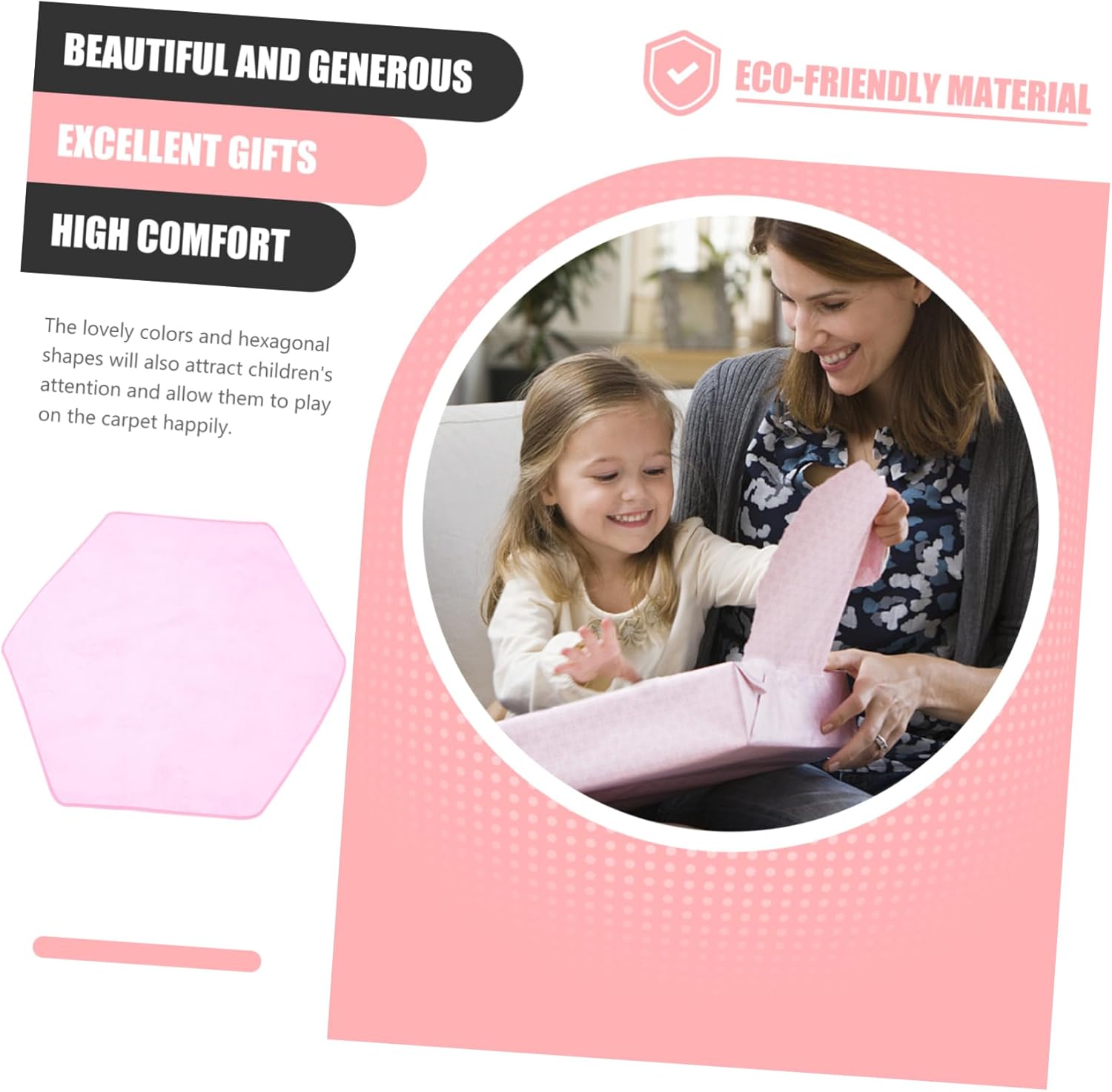 Hexagonal Non Slip Floor Mat for Play Carpet for Tent and Game House Safe Soft Crawling Rug Comfortable Pink Mat for Room and Playtime