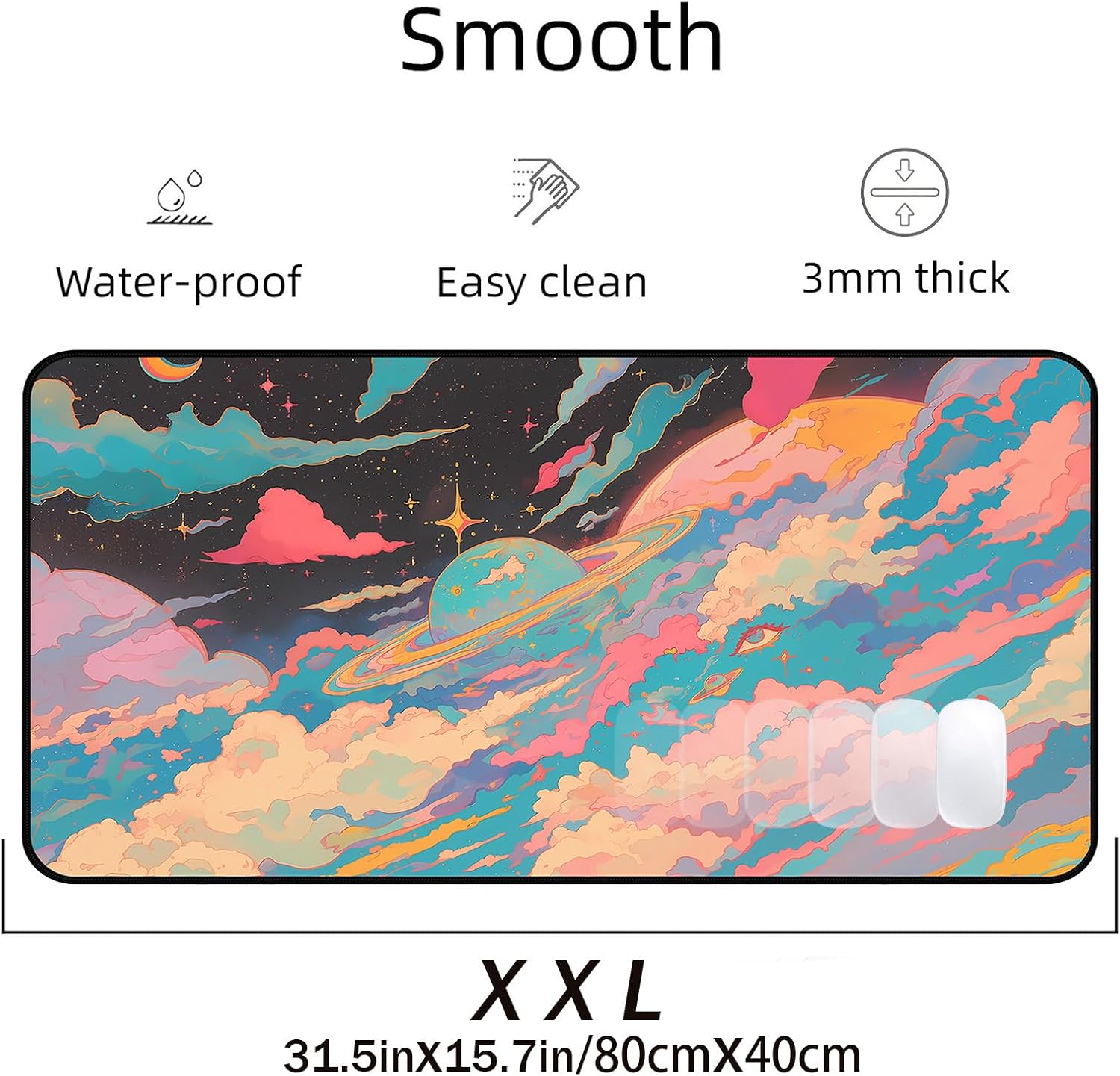 Colorful Starry Sky Desk Mat, Abstract Art Mouse Pads Long, Anime Large Game Desktop Cover Pad, Cute Eye Mouse Mats XXL, Women Laptop Keyboard Mat Suitable for Work Office Home 31.5"X15.7" image 2