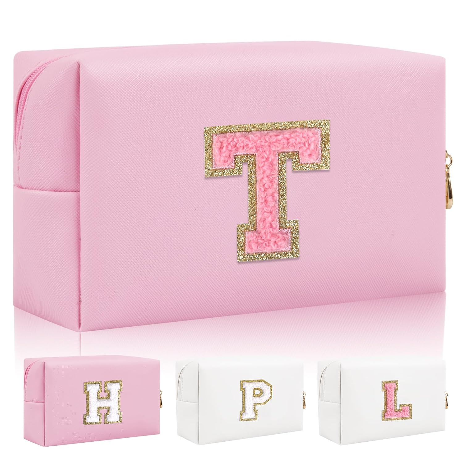 Personalized Initial Letter Patch Makeup Bag Preppy Small Chenille Cosmetic Bag with Zipper PU Leather Waterproof Travel Toiletry