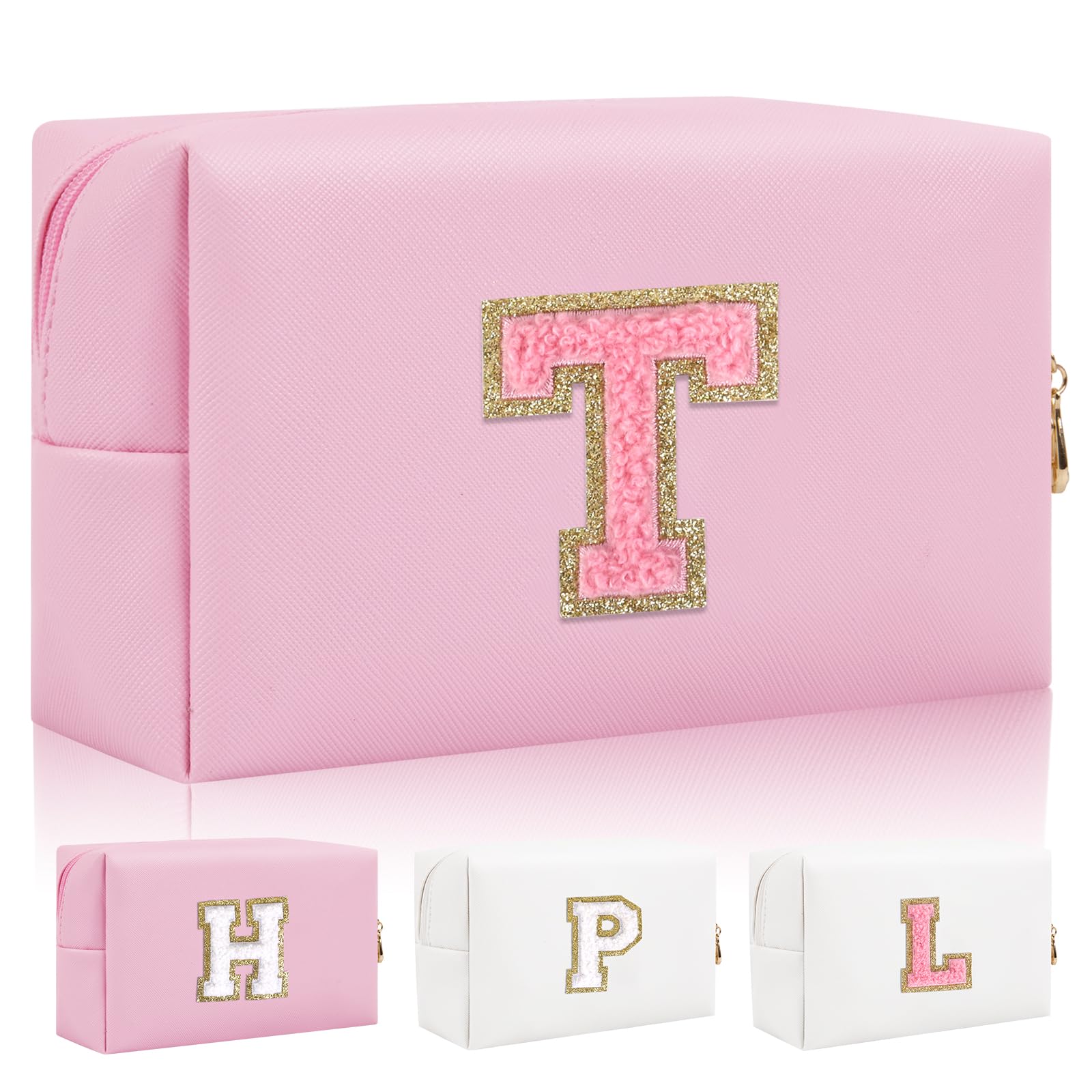 Personalized Initial Letter Patch Makeup Bag Preppy Small Chenille Cosmetic Bag with Zipper PU Leather Waterproof Travel Toiletry