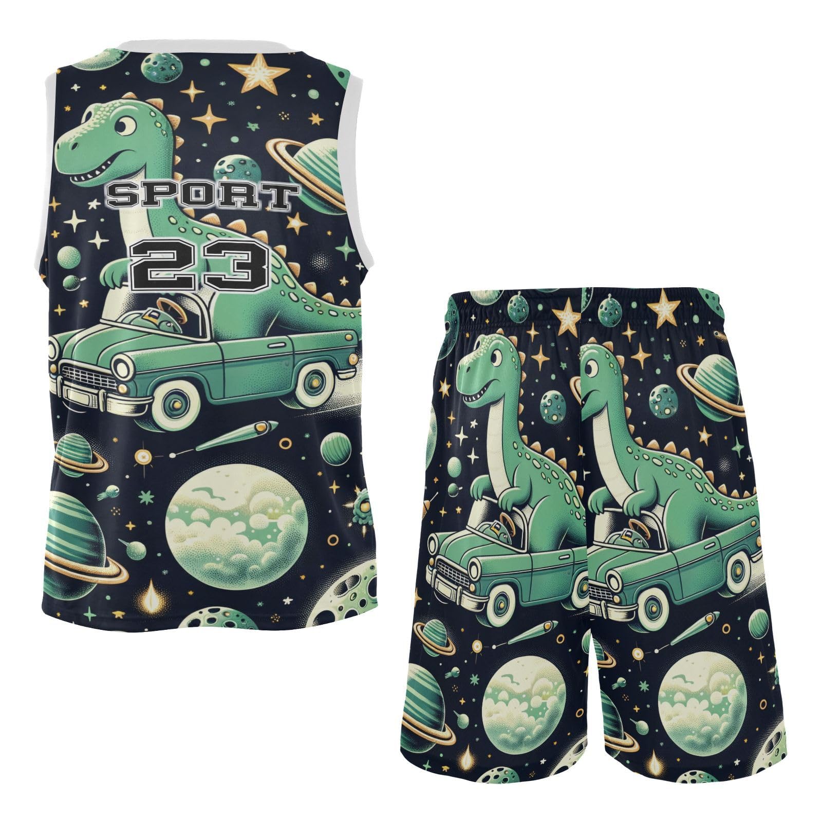 FLildon Space Dinosaurs Green Boys Basketball Jersey Set Tank Top Shorts Tracksuit Sport Training Suit for Kids, M