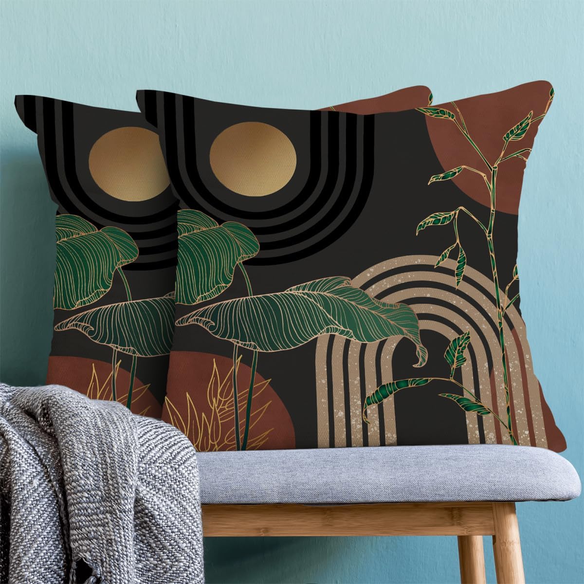 Boho Pillow Covers 16x16 Inch Set of 2 Gold Green Tropical Leaf Brown Mid Century Throw Pillow Covers Summer Bohemian Grey Pillow Cases Outdoor Decor for Living Room Bedroom Linen Square Cushion image 2