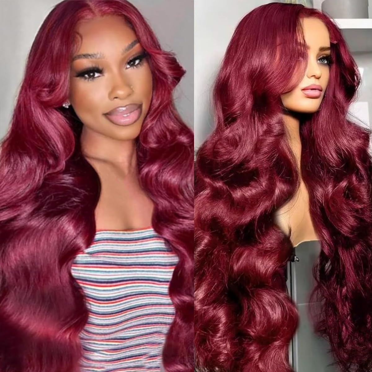 32 Inch Burgundy Wig Human Hair 250% Density 99j 13x6 Body Wave Lace Front Wigs Human Pre Plucked 100% Real Human Hair No Synthetic Blend No Tangle No Shedding Triple Lifespan 3X