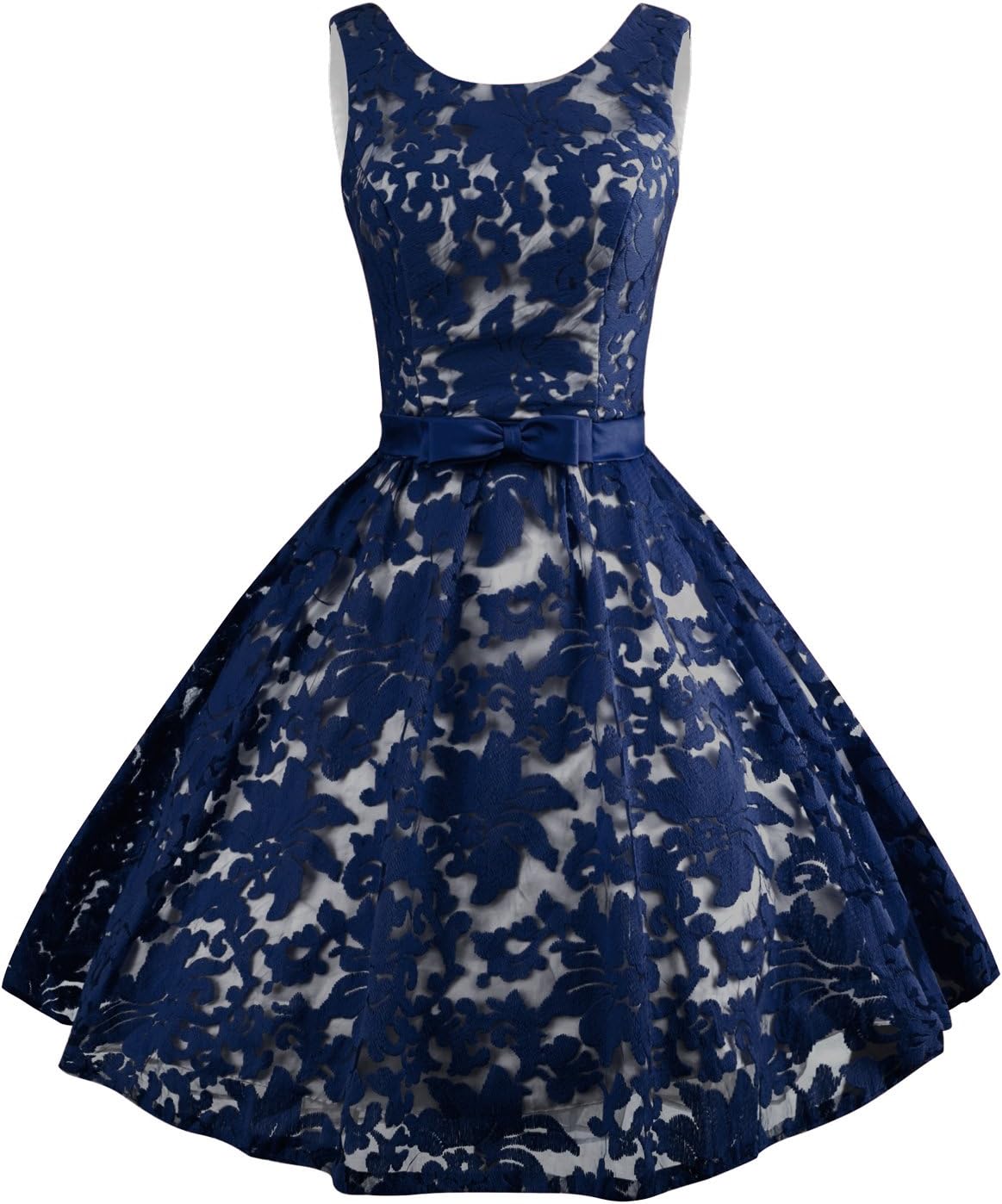Levory J Women's Vintage Floral Lace Contrast Bow Cocktail Evening Dress(10, Navy Blue)