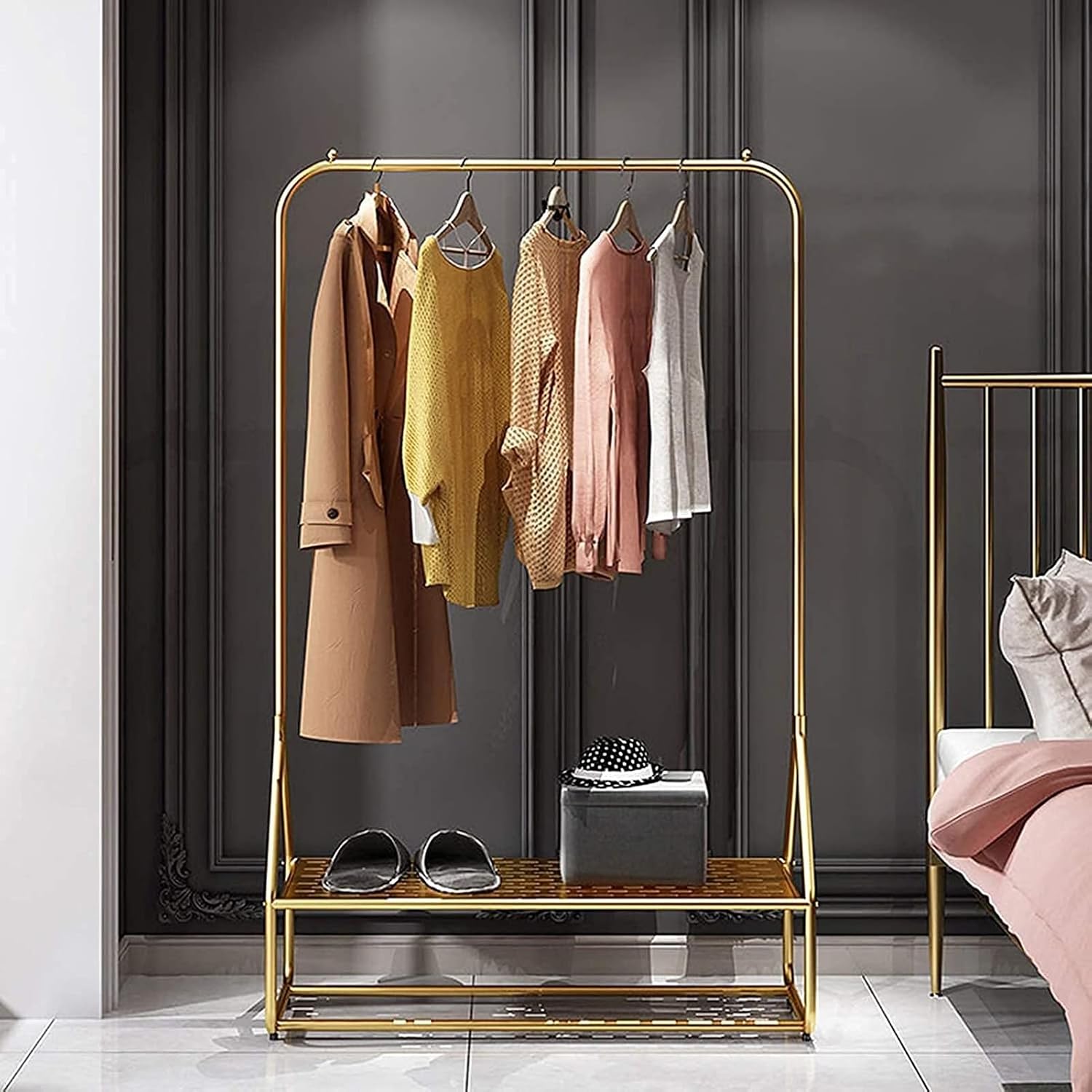 Nordic Floor Standing Clothing Store Display Rack - Coat Racks - Multifunctional Single Rod Storage Rack, Metal Scarf Shawl Clothing Retail Rack, Household Balcony Garment Rack, 4 Sizes (Color : Gold