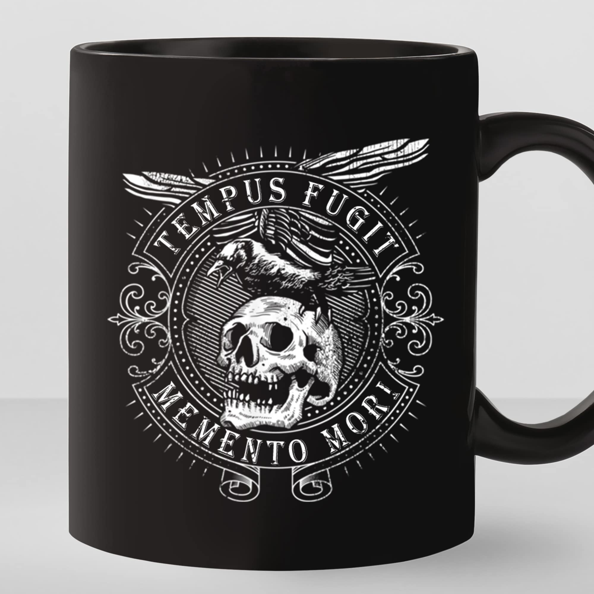 VIGAT Tempus Fugit Memento Mori Coffee Mug, Time Flies Remember Death Mug, Latin Phrase Mug, Inspirational Latin Quote Mug, Ceramic Glossy Mug Gift for Family, Friends, Coworkers - 11 Oz