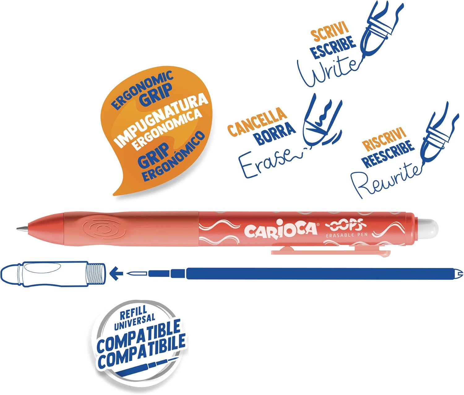 Carioca Oops Retractable Red | Erasable Refillable Retractable Ballpoint Pens Set for School, University and Office with Built-in Rubber and Ergonomic Grip, Red Pens, 12 Units