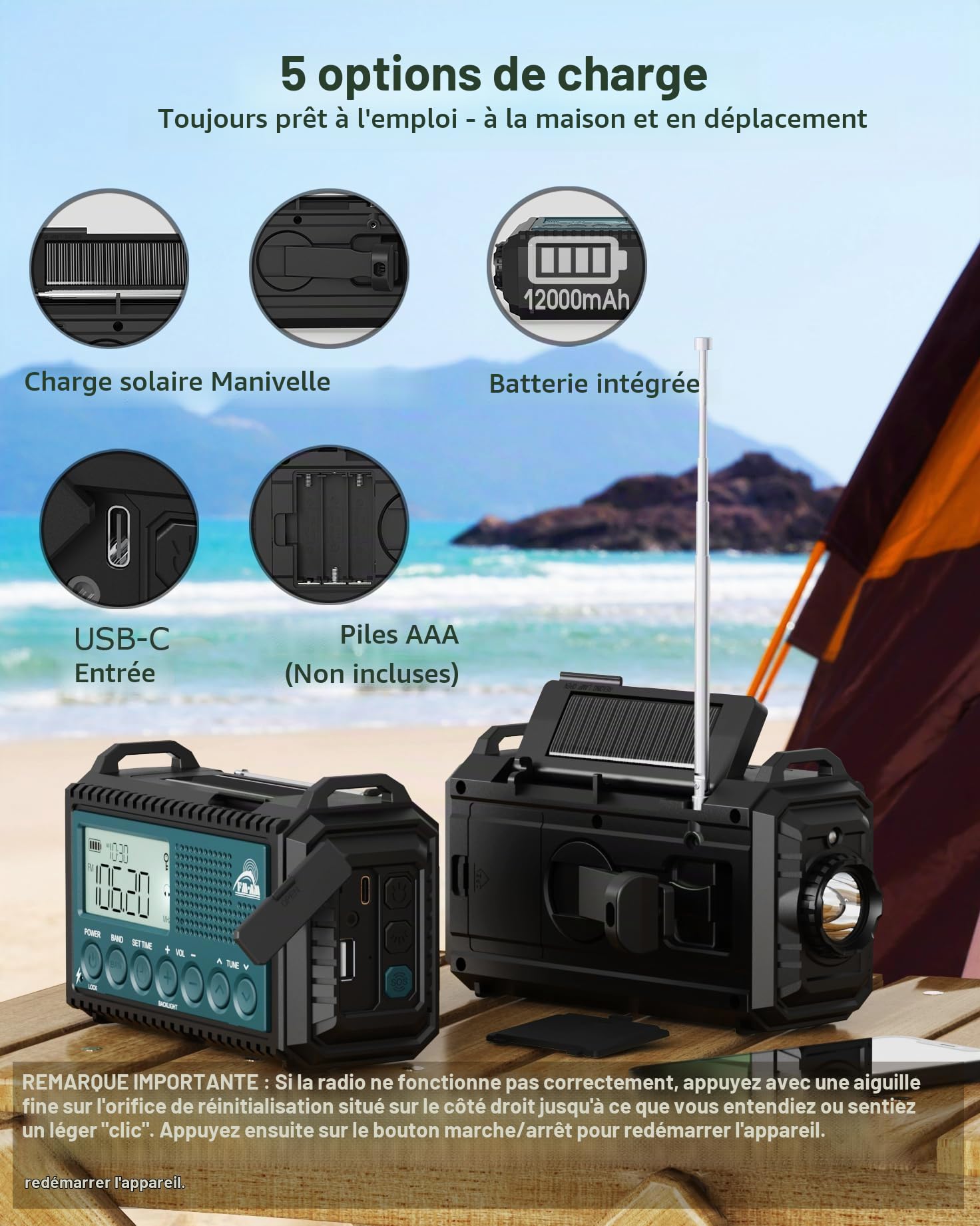 Roxicosly Radio d'urgence à manivelle avec Power Bank 12000 mAh, radio AM/FM/SW, manivelle et radio solaire 5 voies avec récepteur monde, lampe de poche et chargeur, pour extérieur, camping, chantier