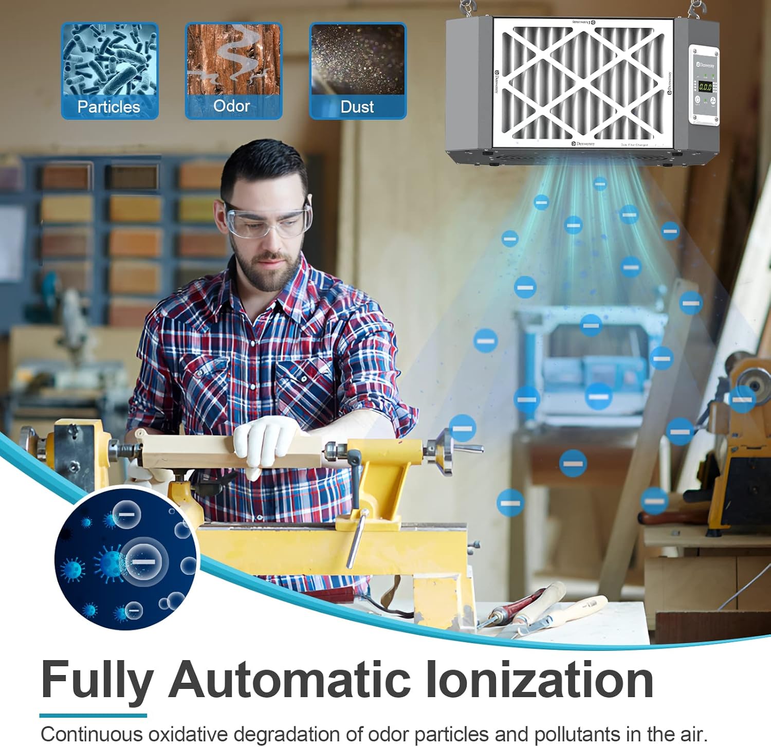 360° Woodshop Air Filtration System Woodworking - 1050/1350 CFM, Built-in Ionizer, with Strong Vortex Fan, Shop Air Filtration for Garage, Works Shop, Dust Collectors System, Gray, KMF12D Pro