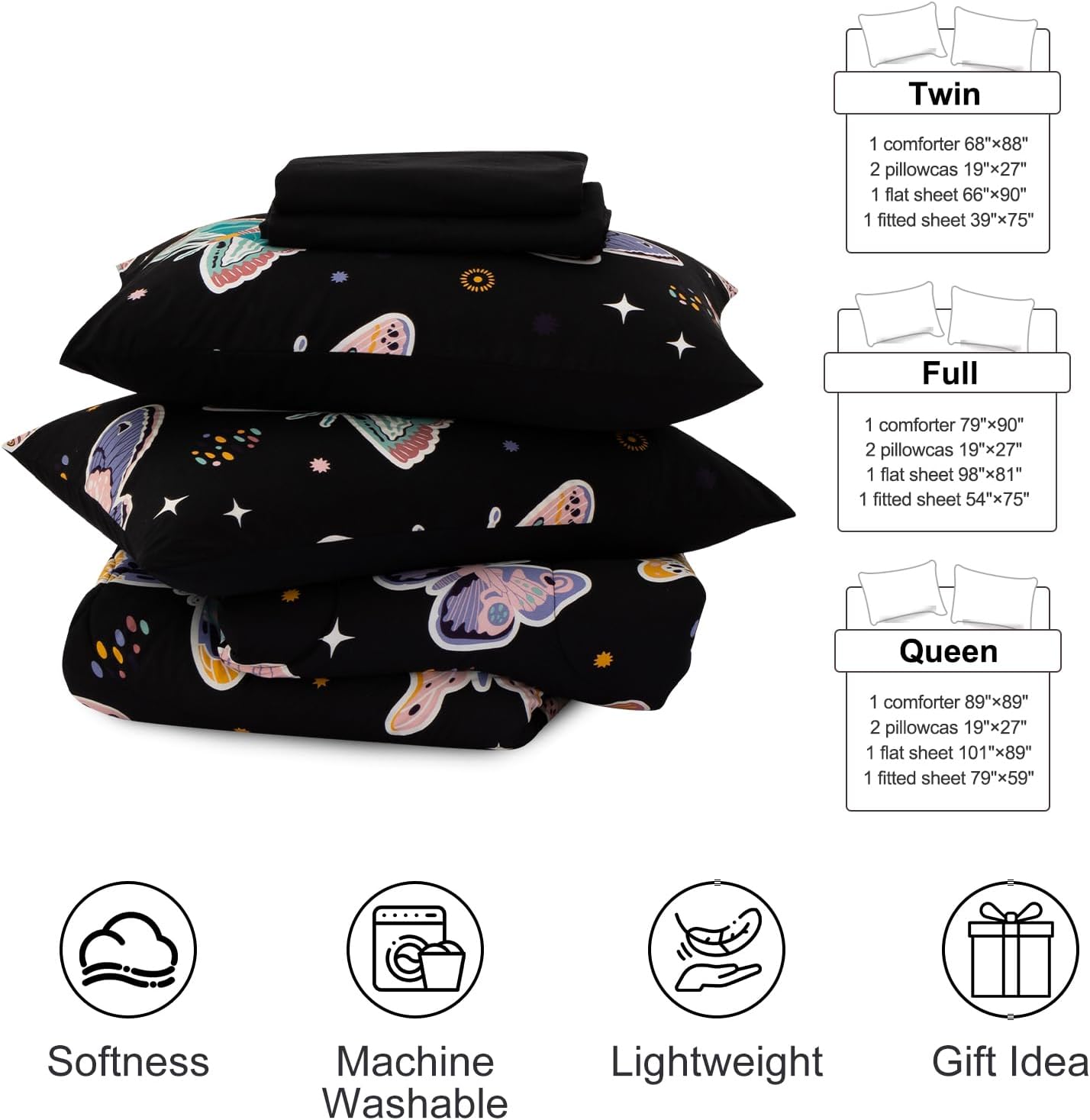 Aimuan Butterfly Glow in the Dark Comforter Set Kids Butterflies Bedding Set Super Soft & Cute Animals Printed for Boys Girls Teen (Black, Twin 5Pcs)