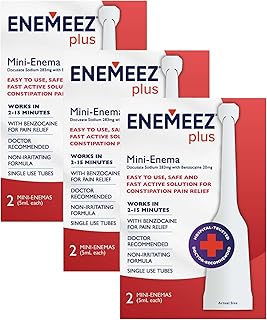 Enemeez Plus Mini-Enemas, docusate Sodium with benzocaine Stool Softener, Fast-Acting Constipation Relief, Promotes Bowel Movement in 2-15 Minutes, 2ct, 3 Pack (6 Total) Single-Use 5ml Tubes