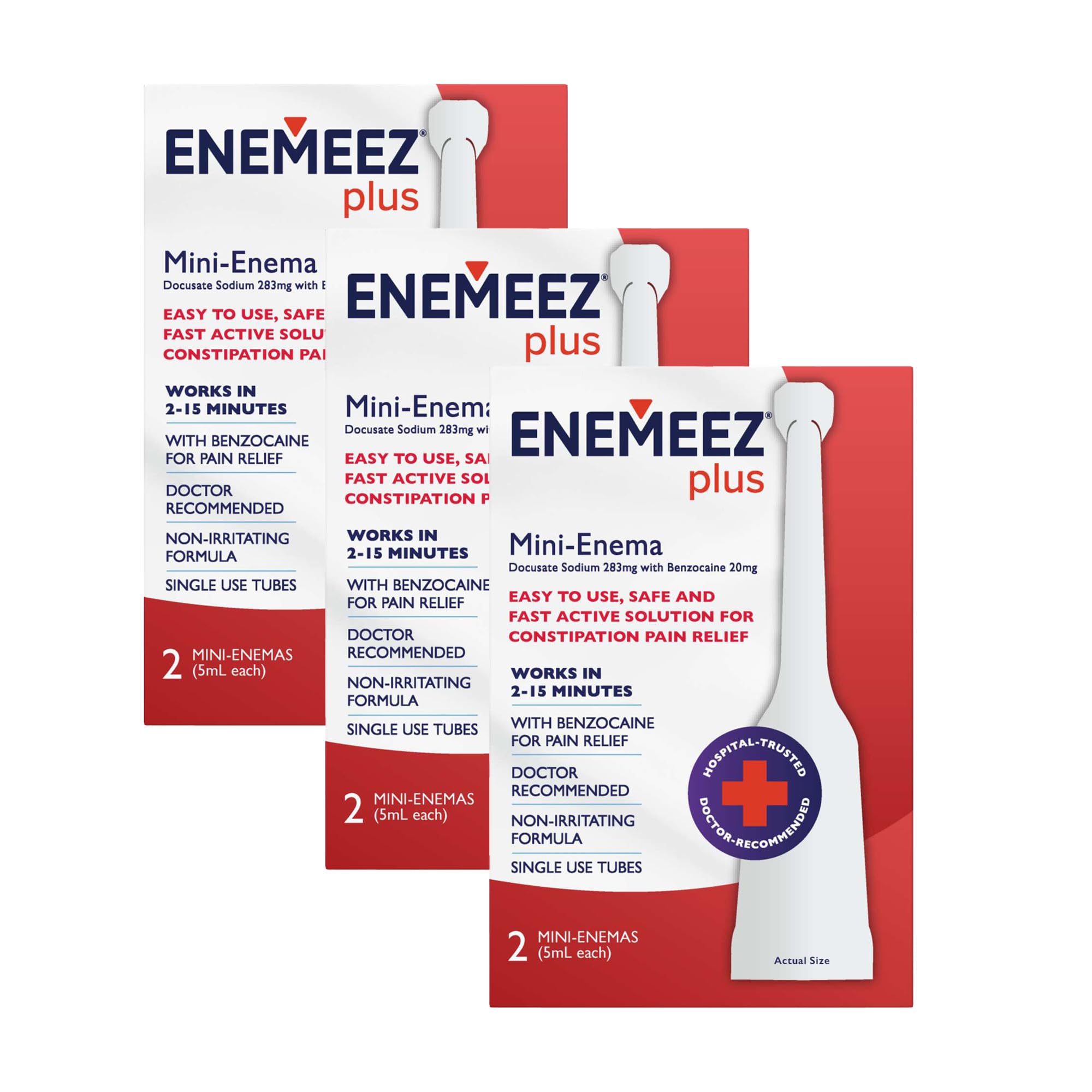 Enemeez Plus Mini-Enemas, docusate Sodium with benzocaine Stool Softener, Fast-Acting Constipation Relief, Promotes Bowel Movement in 2-15 Minutes, 2ct, 3 Pack (6 Total) Single-Use 5ml Tubes