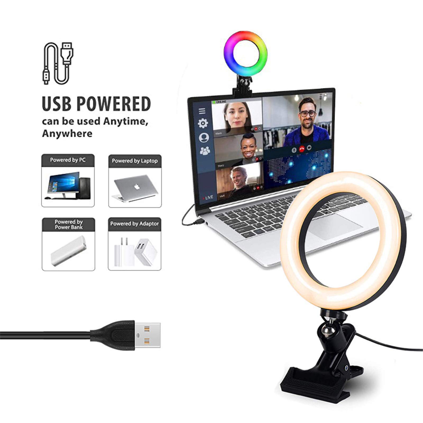 Luce ad Anello da 8" Luce per Selfie con Clip 3 Modalita` di Illuminazione Lampada Anulare Regolabile RGB Selfie Ring Light LED per Youtube,Trucco