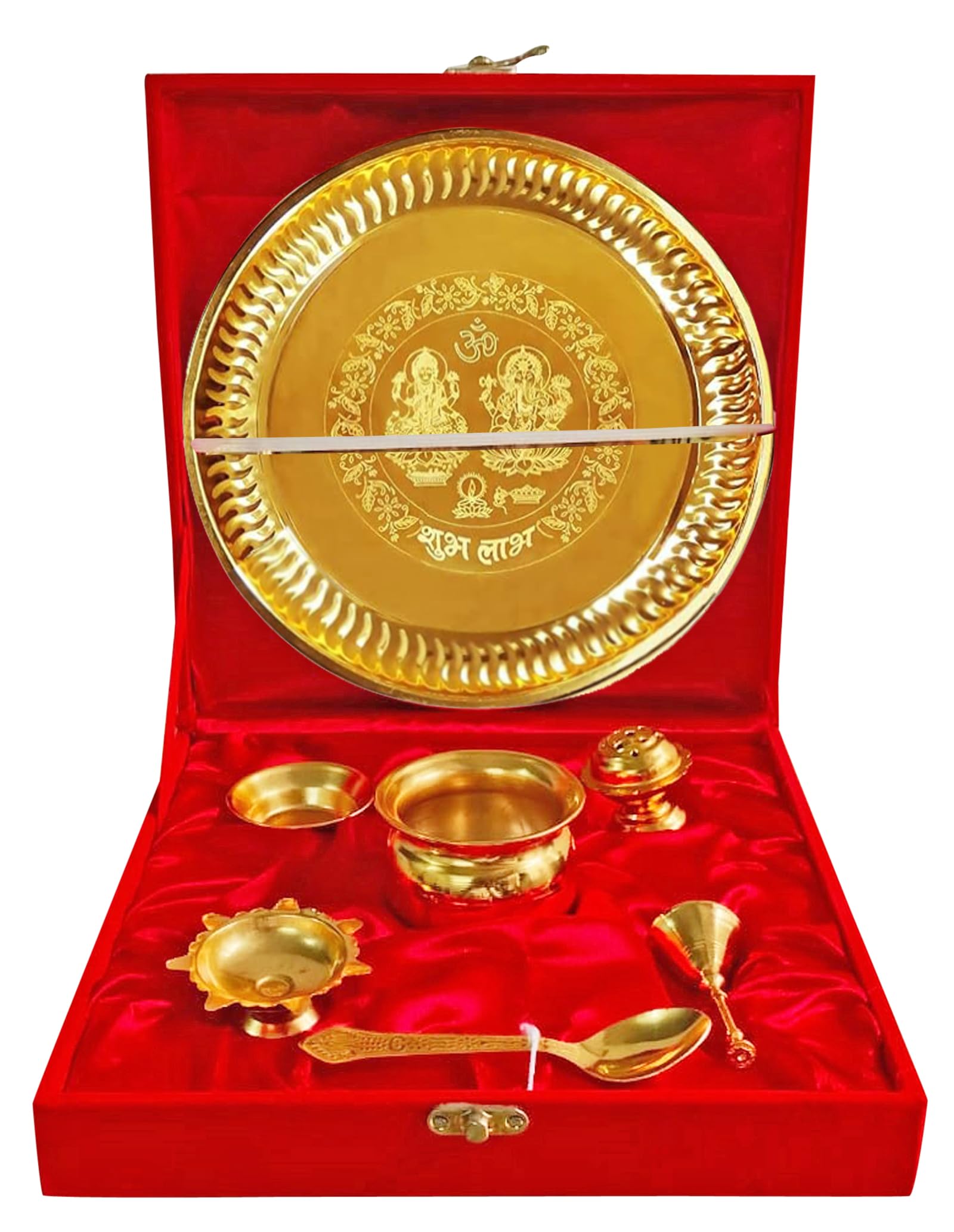 Pooja Thali Set 7 Piezas con Caja De Terciopelo Rojo Juego De Thali Tradicional Hecho A Mano para Pooja Arti Regalo Ocasional Indio Puja Thali 8.5 Pulgadas