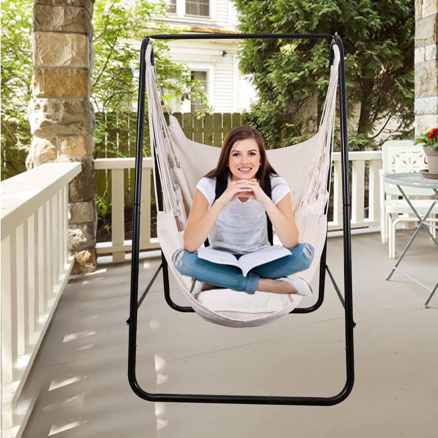 Goutime Hammock Chair, Boho Hanging Rope Ceiling Swing, Macrame Hanging Swinging Chair for Indoor,Outdoor,Bedroom,Outside,Garden,Balcony,Yard,Deck,Max 330 Lbs,Beige - Image 5