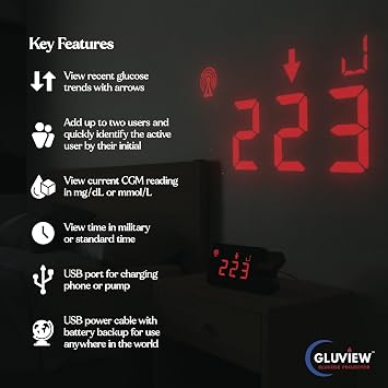 Gluview Glucose Projector Clock for Diabetes | FDA Cleared Continuous Glucose Monitor Display for Dexcom & Libre | Nighttime Glucose Tracking, Sleep-Friendly Display, Real-Time CGM Data Projection