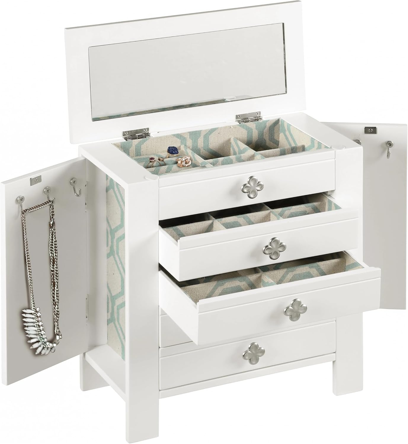 Wood Jewelry Chest Organizer with 4 Drawers & 6 Side Hooks - Elegant Tabletop Storage Box for Necklaces, Chains, Rings, and Earrings - Keeps Jewelry Tangle-Free and Organized,White