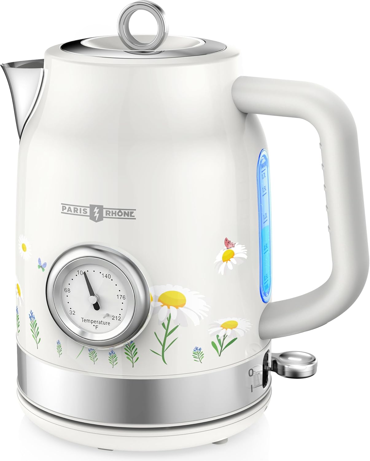PARIS RHÔNE Retro Stainless Steel Electric Kettle, 1.7L Cordless Hot Water Tea Kettle with Thermometer, 1500W Fast Heating, LED Indicator, Auto Shut-Off & Boil Dry Protection