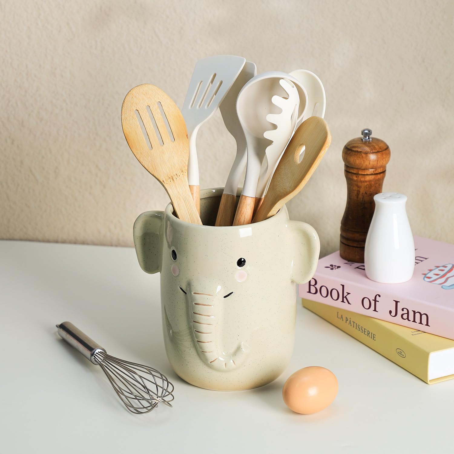 Ceramic Cartoon Animal Pattern Kitchen Utensil Holder, Large Cooking Utensil Crocks for Kitchen Countertop, Cartoon Style Utensil Organizer for Spatula, Kitchen, Home Decoration-Elephant