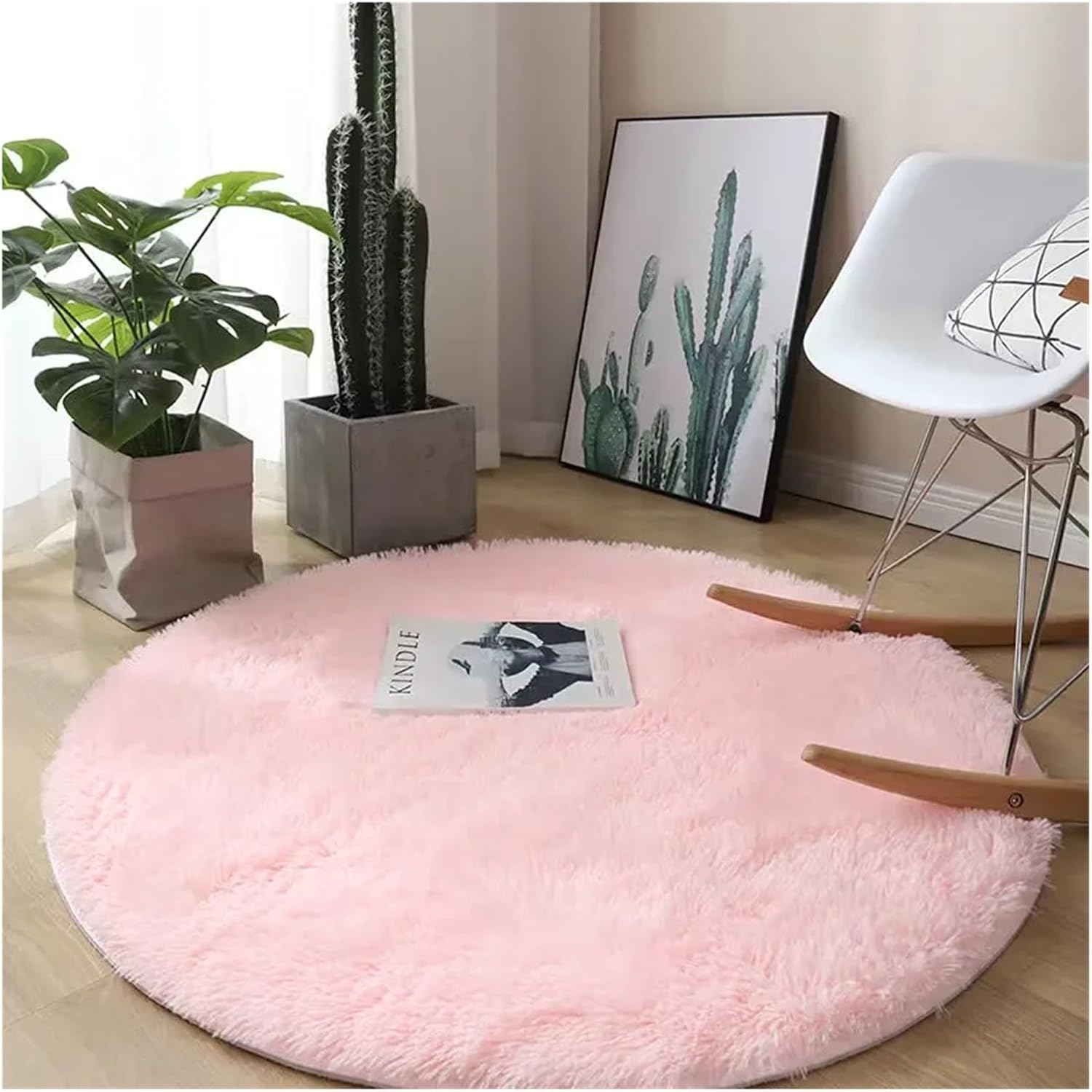 Plush Round Carpet Living Room Decoration Children's Bedroom Fluffy White Carpet Non-Slip Blanket Bedside Design Room Play Mat(Pink,200cm Diameter)