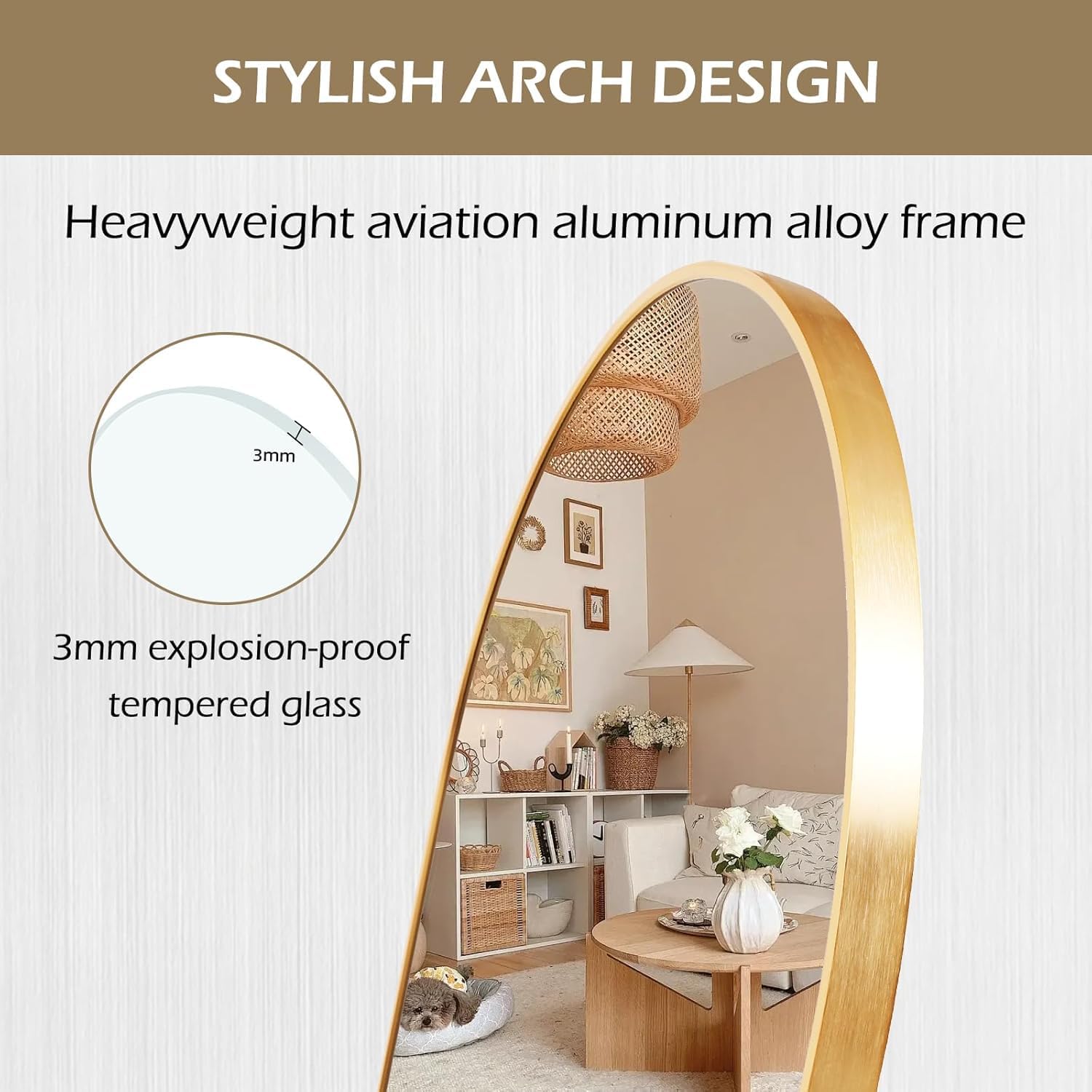 ZHUNFA Arched Full Length Floor Mirror, Oval Full Floor Mirror, Large Wall Mounted Arched-Top Body for Living Room, Bedroom, Bathroom, Entryway, Dressing Room (Gold, 64 * 21)