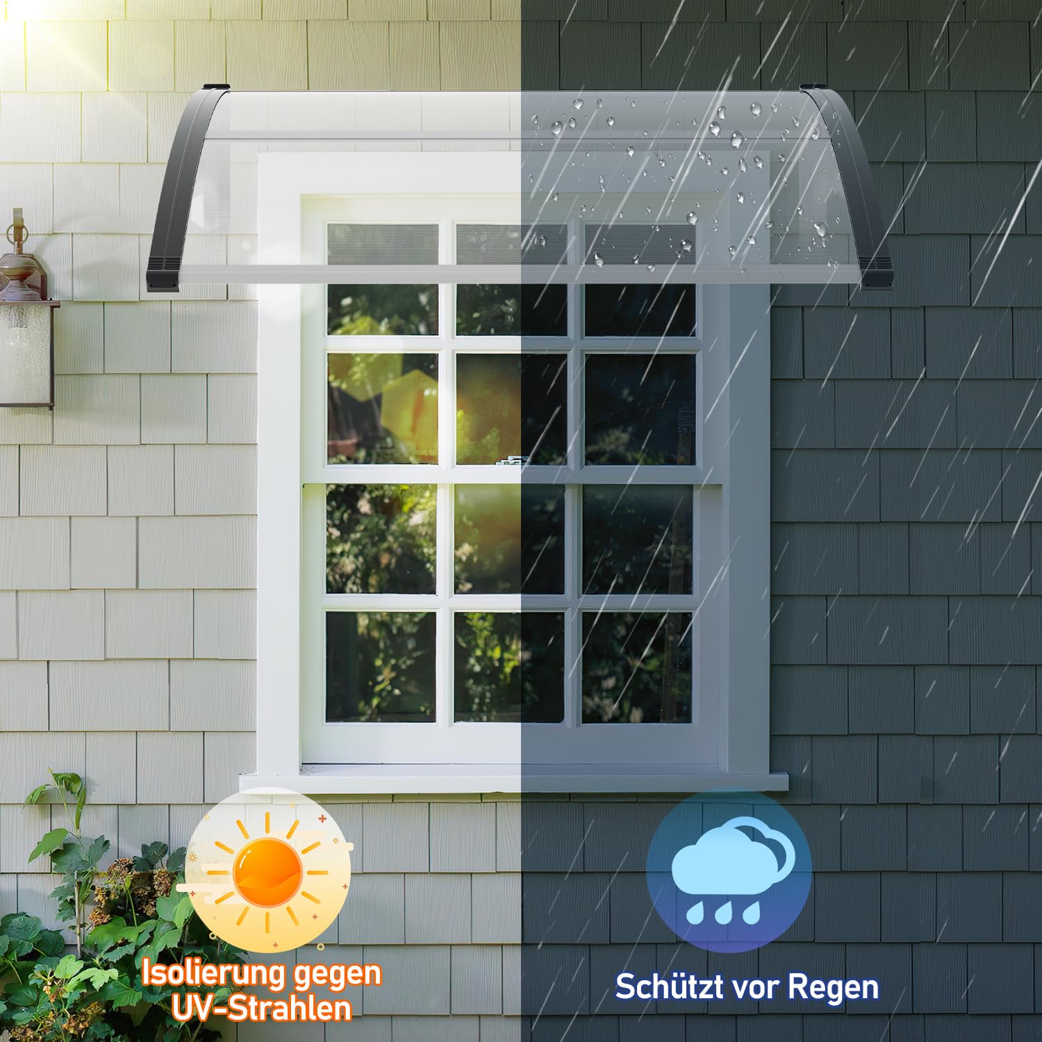 Vordach für Haustür 100x120 cm, Pultbogenvordach aus Transparentem Polycarbonat 5.2 mm mit Aluminiumrahmen, Türdach außen Wetterfest, Regen- Schnee- und UV-Schutz