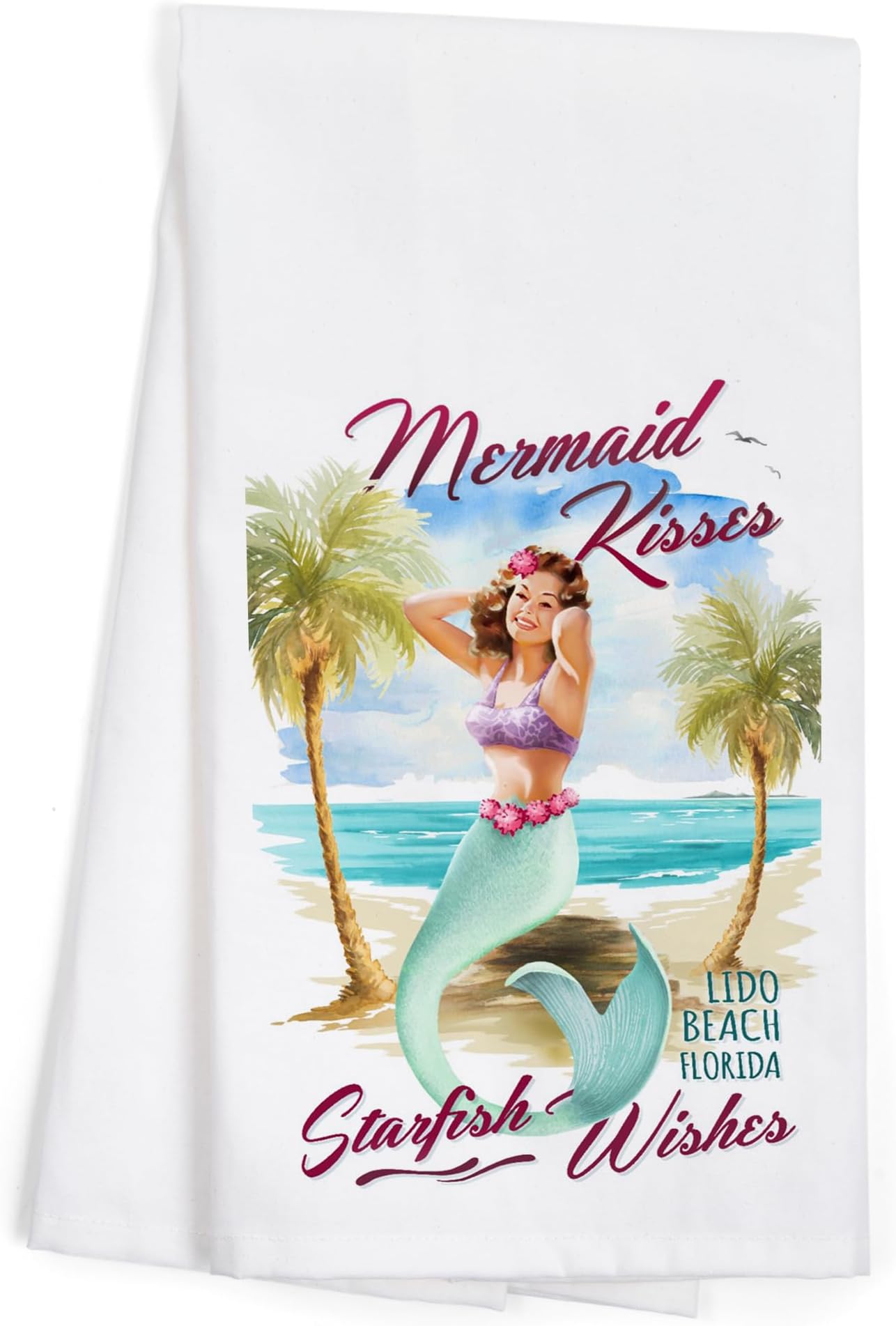 Lantern Press Lido Beach, Florida, Mermaid Kisses and Starfish Wishes, Watercolor (100% Cotton Tea Towel, Decorative Hand Towel, Kitchen and Home)